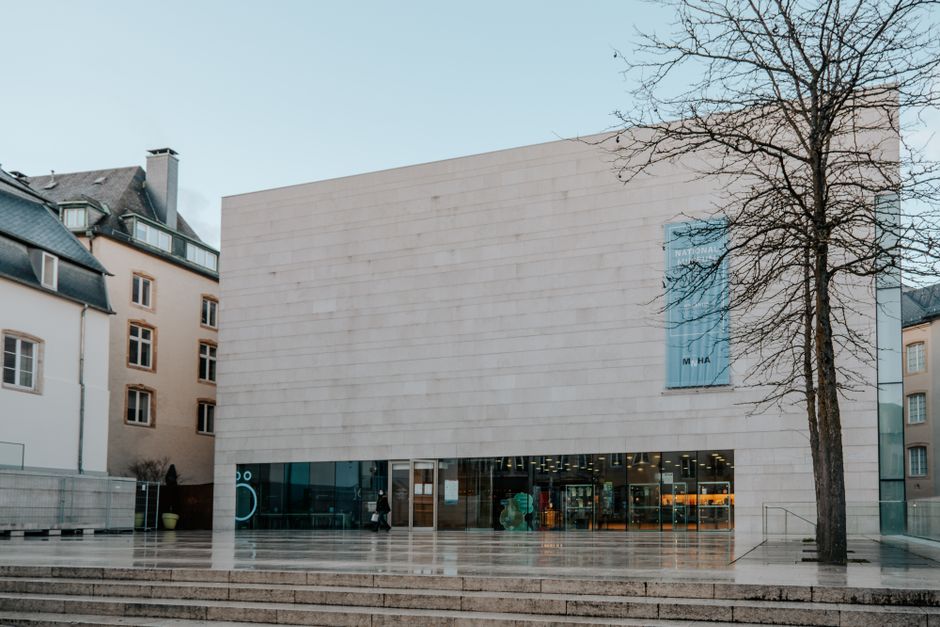Contemporary museum facade with urban surroundings and a bare tree.