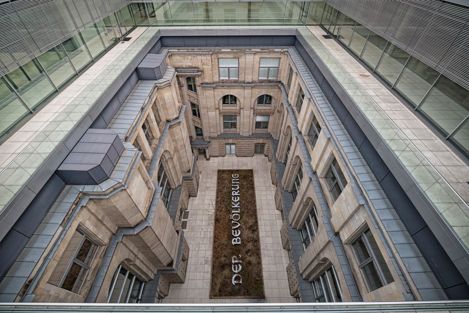 High angle shot of a stone building courtyard in Berlin, Germany.